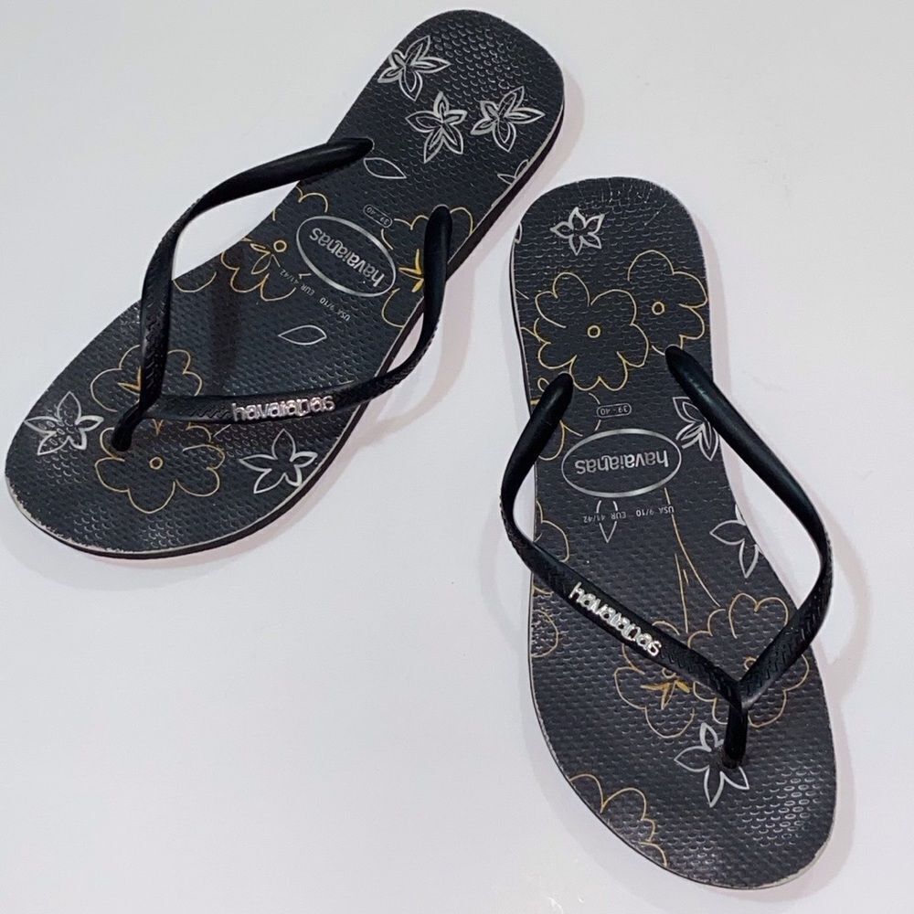 Havaianas Women’s Black And Yellow Floral Sandals Size 9/10 /39-40